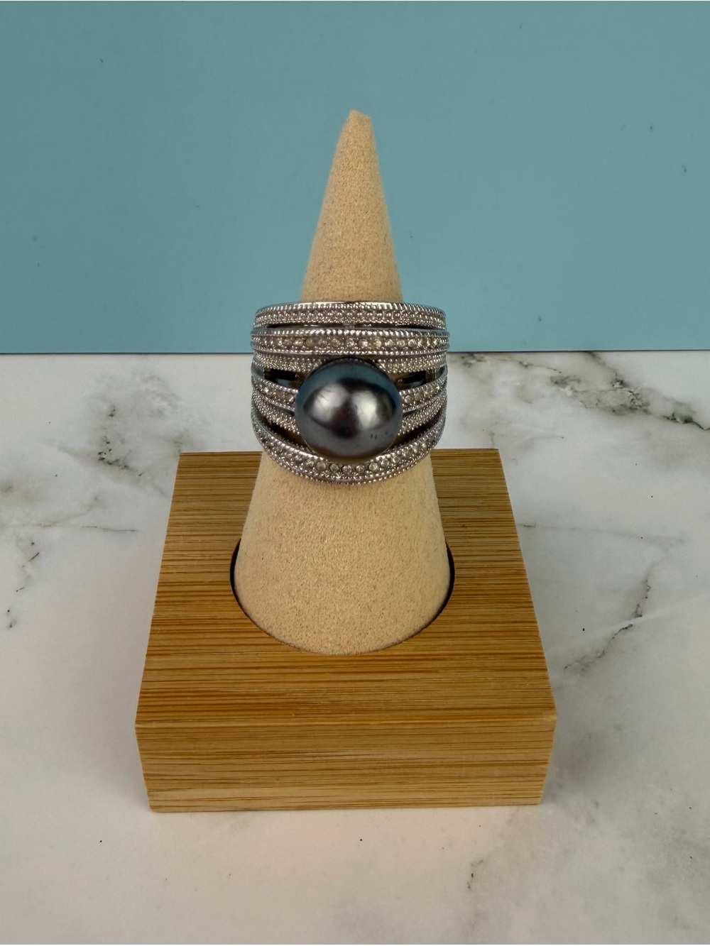 Natalya V Collister Signed Black Pearl Rhinestone Statement Ring - Size 7-9